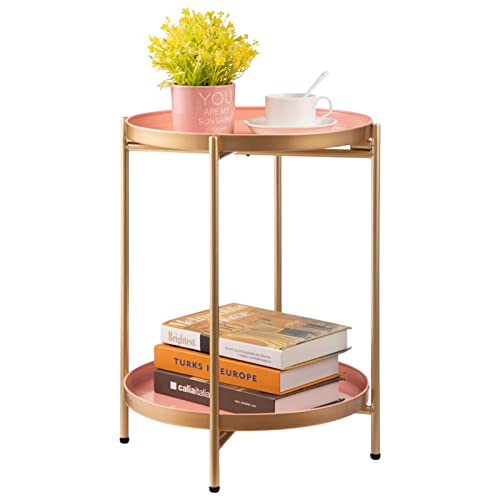 HollyHOME Runder Beistelltisch, 2 Ebenen Beistelltisch Metalltablett, Snacktisch, Couchtisch, Teetisch, Nachttisch, Sofatisch für Wohnzimmer Schlafzimmer Balkon Terrasse, Goldener&Rosa von HollyHOME