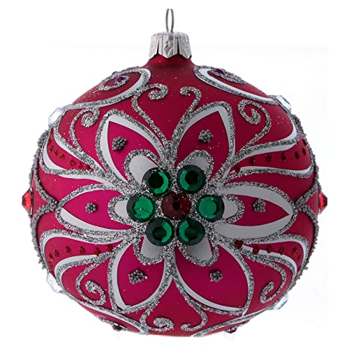 Weihnachtskugel aus Glas Grundton Pink mit silberfarbenen floralen Motiven verziert 100 mm von Holyart