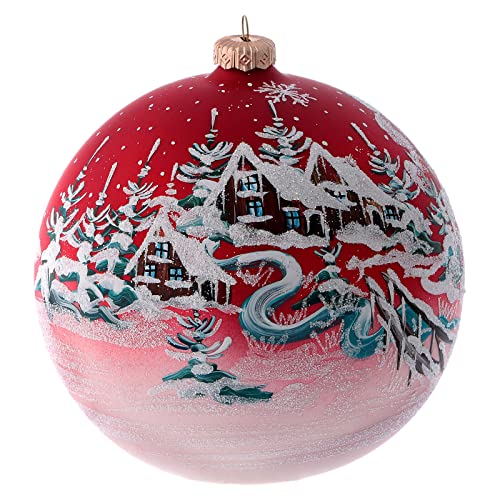 Weihnachtskugel aus Glas Grundton Rot Motiv weihnachtliche Landschaft 150 mm von Holyart