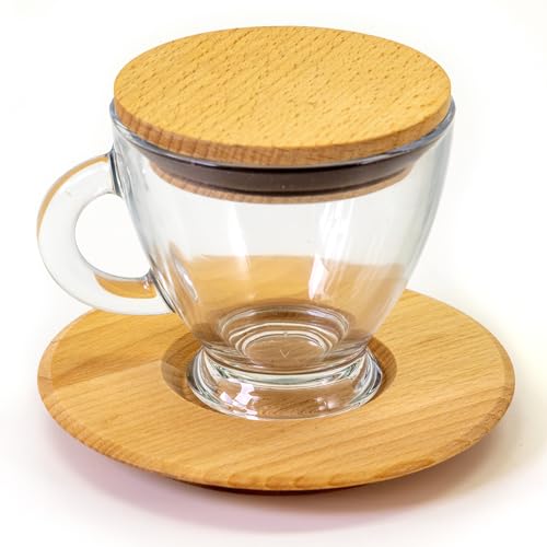 HolzFee Glastasse Teetasse Kaffetasse mit Deckel Holz und Untertasse Buchenholz (4, 150 ml) von HolzFee