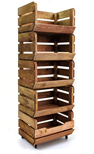 Holzfee Obstkiste Gemüsekiste Kartoffelkiste Penta-Set Holz massiv Stapelkiste | Auuswahl (dunkel geölt, mit Rollen) von Holzfee