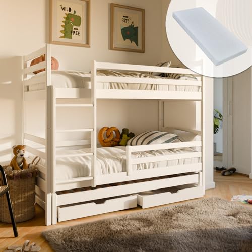 Home Collective Hochbett 90x200 mit Ausziehbett und DREI Matratzen Etagenbett mit Ausziehfunktion, Zwei Schubladen, Lattenrost, Rausfallschutz, umbaubar in DREI Einzelbetten, Vollholz massiv in Weiss von Home Collective