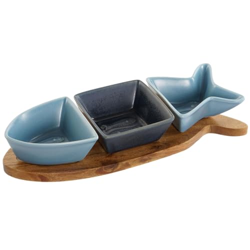 Home ESPRIT Snack-Set, Marineblau, Porzellan, Akazie, mediterraner Fisch, 28 x 9,7 x 1,3 cm, 4-teilig von Home ESPRIT