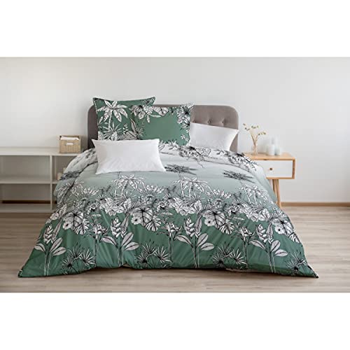 Home Linge Passion Bettwäsche-Set, 3-teilig, 220 x 240 cm, 100% Baumwolle, 57 Fäden/cm², Weiß, Grau und Grün, 220 x 240 cm von Home Linge Passion