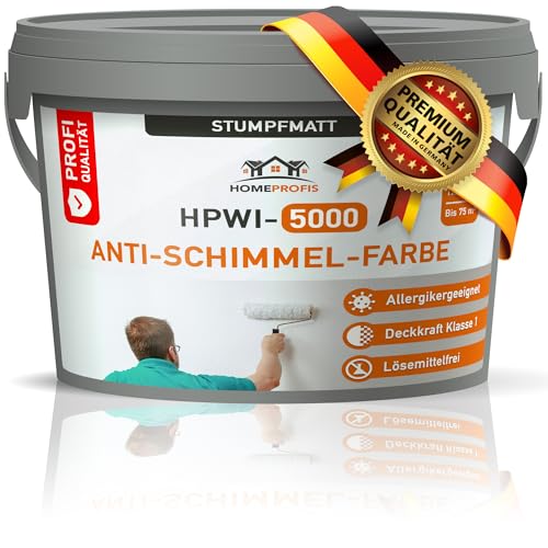 Home Profis® Anti Schimmel Farbe Weiß | Allergikergeeignet | Hervorragende Deckkraft | Anti Schimmelfarbe Innen | Geruchsarm | Stumpfmatt | Profi Qualität | HPWI-5000 (5 Liter | Bis 30 m²) von Home Profis