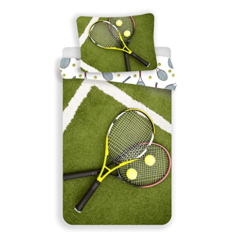Sport Bettwäsche Wendemotiv Tennis Bettdecke 140 x 200 + Kopfkissen 70 x 90 cm 100% Baumwolle mit Reißverschluss von Jerry Fabrics
