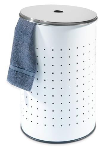 Wäschekorb mit Deckel und Luftlöchern - Edelstahl - Weiß - 37 L - Ø 29 cm - 54 cm hoch - Wäschetonne Wäschesammler Wäschebox Wäschetruhe von Home4You