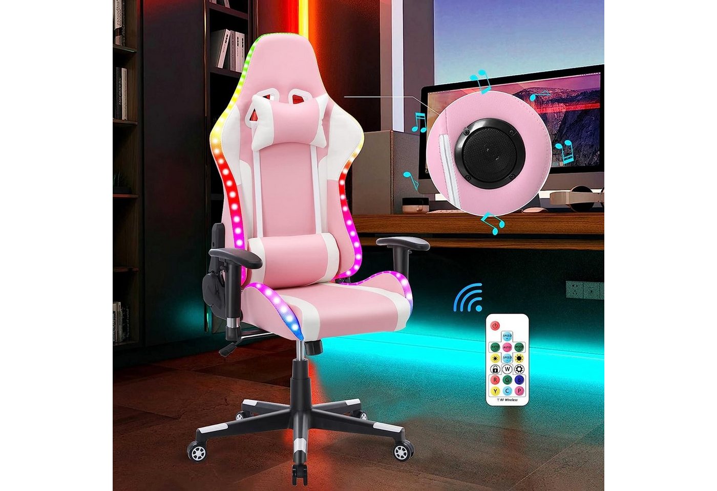 HomeMiYN Gaming Chair Gaming Stuhl Lautsprechern LED-Leuchten ergonomischer Bürostuhl Hoher von HomeMiYN