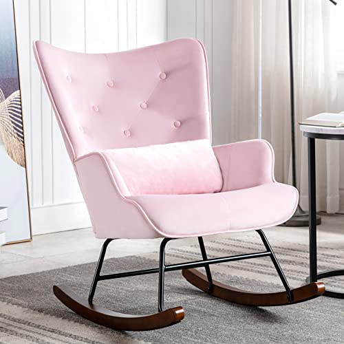 HomeMiYN Schaukelstuhl Samt Schaukelsessel mit Metallgestell und Holzsockel Polstersessel für Wohnzimmer Retro Sessel Freizeit Relaxstuhl für Wohnzimmer/Schlafzimmer/Kinderzimmer (Pink) von HomeMiYN