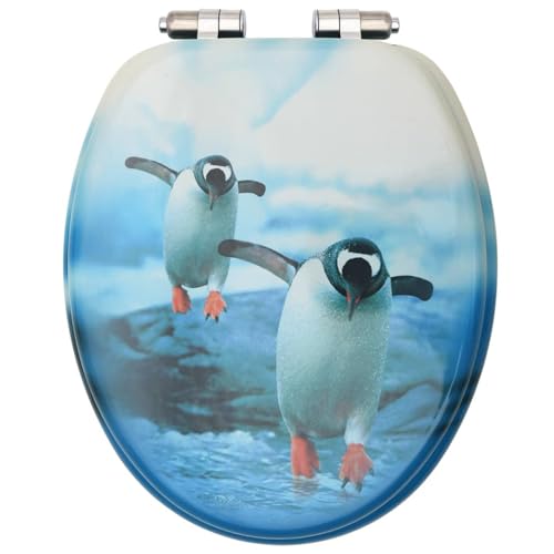 MDF Toilettensitz mit Absenkautomatik Erwachsene/Kinder Pinguin Design Edelstahl Befestigung Antibakteriell Hellblau von HomeMiYN