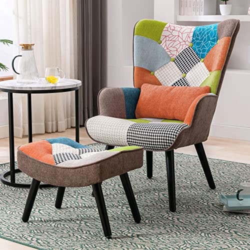 Relaxsessel mit Hocker Patchwork Sessel mit Lendenkissen Ohrensessel Holz Sessel Wohnzimmer moderner Fernsehsessel Loungesessel Stuhl Patchwork Leinen Massivholzfüße Orange von HomeMiYN