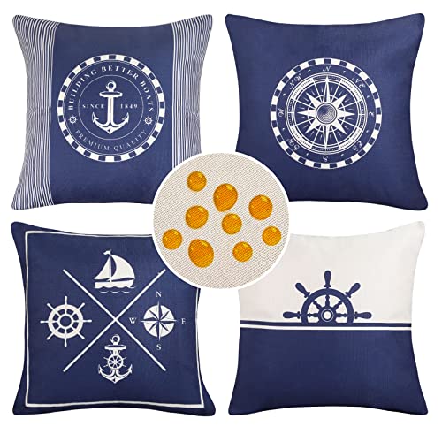 4er Set Kissenbezüge Wasserdicht Leinen 45 x 45 cm Nautisch Marineblau Anker Ruder Segelboot Kompass Dekorative Kissenhülle Zierkissenbezüge für Sofakissen Bezug Auto Garten Draußen Drinnen von HomeStilez