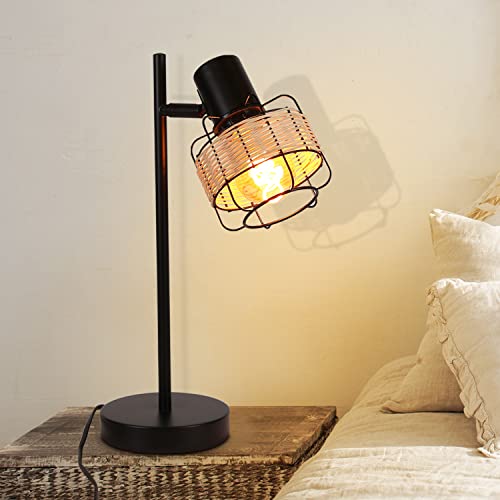 Homefire Tischlampe Vintage Landhaus Tischleuchte - Rattan Nachttischlampe Retro Schwarz Rustikal aus Bambus Metall mit Schalter E27 Boho in Natur Schwenkbar 120° für Wohnzimmer Schlafzimmer von Homefire