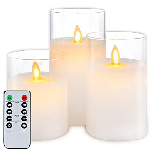 Homemory Weiß Glas Flackernde Flammenlose Kerzen, Batteriebetriebene LED-Stumpenkerzen mit Fernbedienung und Timer, Bewegliche Flamme, Wachs, 3er-Set von Homemory