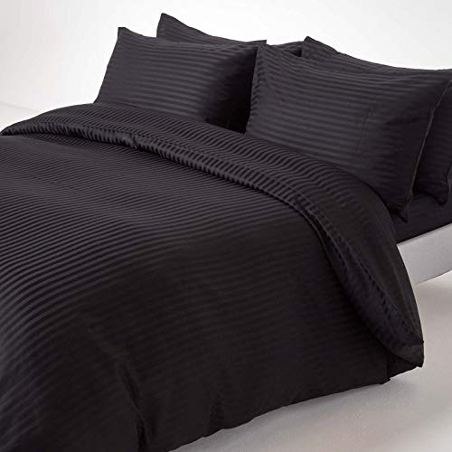 Homescapes 3-teiliges Damast-Bettwäsche-Set schwarz aus 100% ägyptischer Baumwolle mit Satin-Streifen, 1 Bettbezug 200x200 cm & 2 Kissenbezüge 48x74 cm von Homescapes