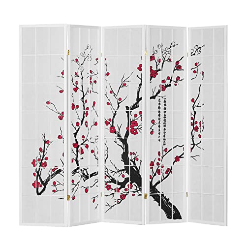 Homestyle4u 278, Paravent Raumteiler 5 teilig Holz Weiss Reispapier Weiß Kirschblüten Motiv von Homestyle4u