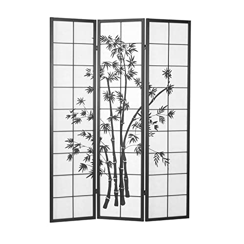 Homestyle4u 285, Paravent Raumteiler 3 teilig, Holz Schwarz, Reispapier Weiß Motiv Bambus, Höhe 179 cm von Homestyle4u
