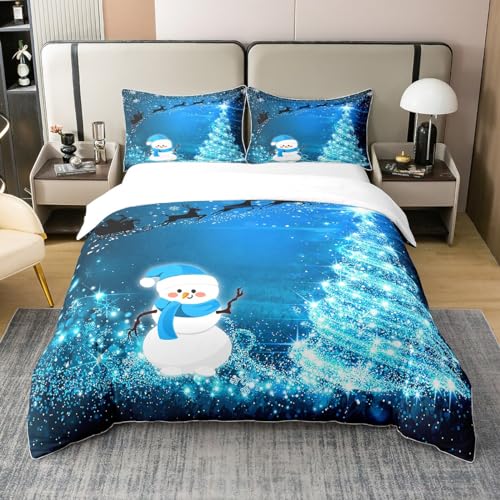 Homewish 100% Baumwolle Frohe Weihnachten Teen Boy Bettwäsche Set Glitter Blau Christmas Tree 155x220,Nette Winter Schneemann Muster Tröster Abdeckung für Kinder Mädchen Jungen Erwachsener Teens von Homewish