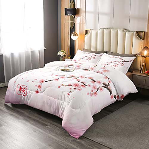 Kirschblüten Tröster Set Japanischen Stil Romantisches Thema Rosa Bettwäsche Set Botanisch Blumen Gesteppte Bettdecke Frauen Mädchen Paar Teen Weiche Bettwäsche Bettdecken, 135X200 von Homewish