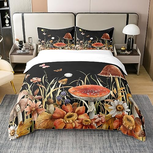 Pilz 100% Natürliche Baumwolle Bettbezug 220x240,Rote Pilz Bettwäsche Set für Jungen,Natürliche Wild Pilz Tröster Abdeckung,Boho Schmetterling Botanische Bett Sets mit 2 Kissenbezüge Zimmer Dekor von Homewish