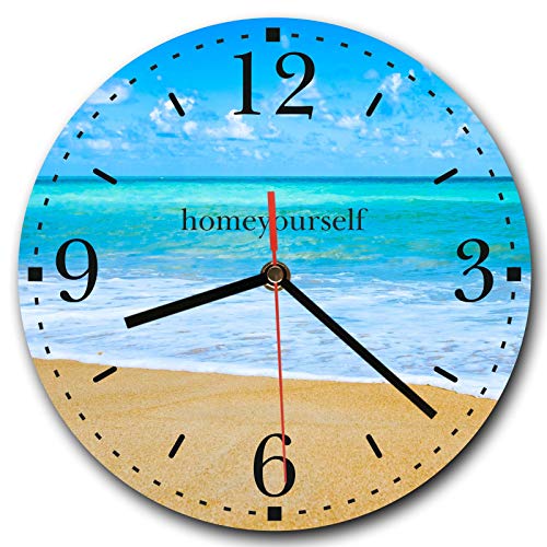 Homeyourself LAUTLOSE runde Wanduhr Strand Meer Wasser blau aus Metall Alu-Verbund lautlos Uhrwerk rund modern Dekoschild Bild 30 x 30cm von Homeyourself
