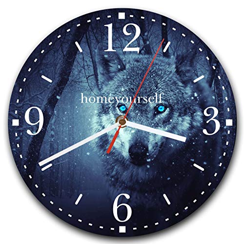 Homeyourself LAUTLOSE runde Wanduhr Wolf Blau Schnee aus Metall Alu-Verbund lautlos Uhrwerk rund modern Dekoschild Bild 30 x 30cm von Homeyourself
