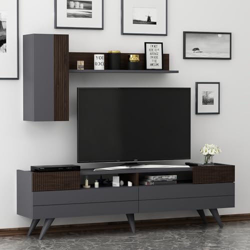 Homidea Moon Wohnwand – Wohnzimmer TV Set – TV Schrank – TV Lowboard – Fernsehtisch - TV Möbel mit 2 Türen in modernem Design (Anthrazit/Nussbaum) von Homidea