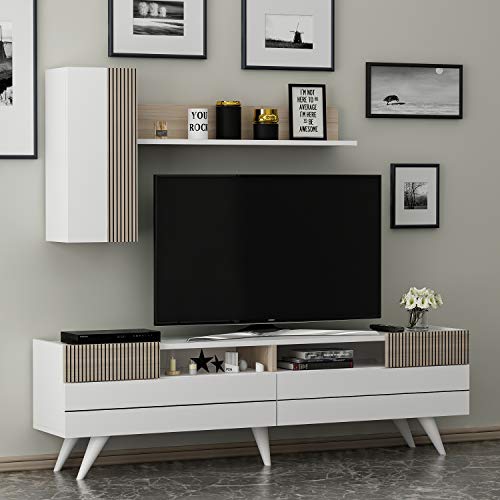 Homidea Moon Wohnwand – Wohnzimmer TV Set – TV Schrank – TV Lowboard – Fernsehtisch - TV Möbel mit 2 Türen in modernem Design (Weiß/Avola) von Homidea