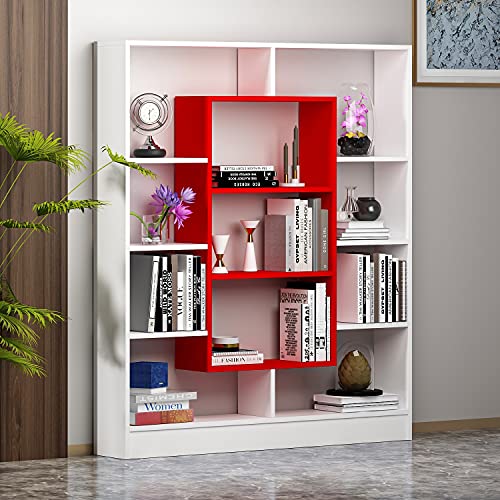 Homidea Venus Bücherregal - Standregal - Büroregal - Raumtieler für Wohnzimmer/Büro in modernem Design (Weiß/Rot) von Homidea