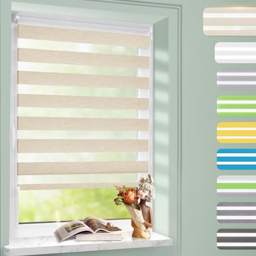 Doppelrollo Klemmfix ohne Bohren Leinen 90x110cm, Fenster Rollos für innen mit Bohren, Duo Rollo für Lichtdurchlässig und Verdunkelnd, Höhe Stufenlos Verstellbar Fensterrollo mit Kindersicherung von Homland