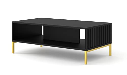 Homlando Couchtisch Wave 90x60 cm mit gefräste MDF-Fronten Kaffeetisch, Tisch mit Regal, Beistelltisch auf Metallbeinen (Schwarz Matt) von Homlando