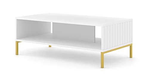 Homlando Couchtisch Wave 90x60 cm mit gefräste MDF-Fronten Kaffeetisch, Tisch mit Regal, Beistelltisch auf Metallbeinen (Weiß Matt) von Homlando