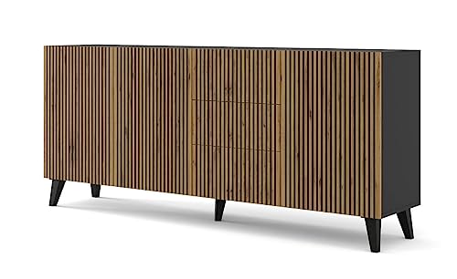 Homlando Kommode Ravenna F 200 cm 3D3S Sideboard mit 3 Türen und 3 Schubladen - Highboard - Moderner Kommode für das Schlafzimmer oder Wohnzimmer (Schwarz Matt/Artisan Eiche) von Homlando