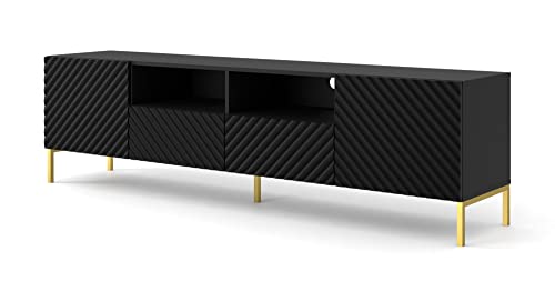 Homlando TV-Schrank SURF 200 cm 2D2S mit gefräste dekorierte MDF-Fronten auf Metallbeinen Lowboard, Sideboard, TV Kommode mit 2 Türen, 2 Schubladen und 2 Regalen (Schwarz Matt) von Homlando