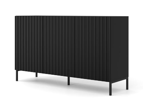 Kommode Wave 150 cm 3D Sideboard mit 3 Türen - Highboard - Gefräst MDF- Moderner Kommode für das Schlafzimmer oder Wohnzimmer - Schwarz Matt mit Metallrahme (Schwarz Matt mit Schwarz Metallrahmen) von Homlando