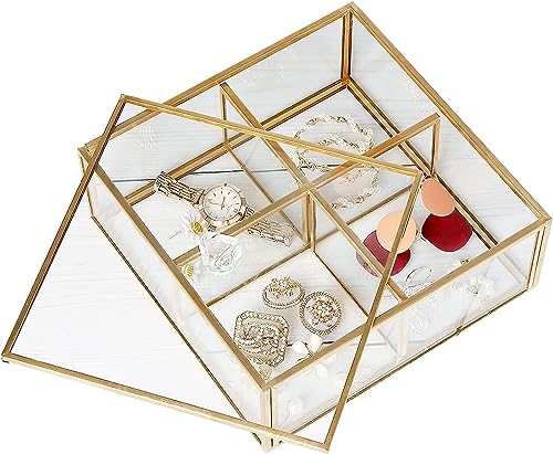 Homtone 4 Fach Goldene Vintage Glas Schmuckbox, Kristalle Organizer Dekorative Andenken Theken Vitrine Lift-off Deckel Design 15x15x5 cm von Homtone