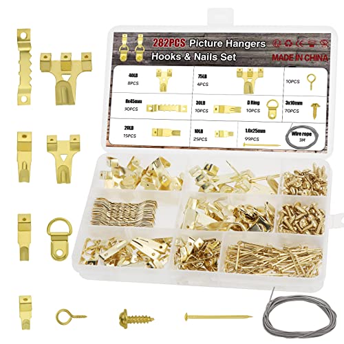 HonGien Bilderhaken-Set für harte Wände mit Nägeln und anderem Zubehör Schraubhaken (Gold) Strapazierfähige Haken für alle Arten des Aufhängens Tragfähigkeit des Bildhalters 10–75 lbs, 282 Stück von HonGien