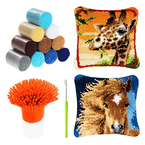 HonGien Tier Knüpfkissen Set, Latch Hook Kissen Kit, 2 Stück Latch Hook Rug für Anfänger Erwachsene oder Kinder, Kreatives Geschenk (Pferd und Giraffe) von HonGien