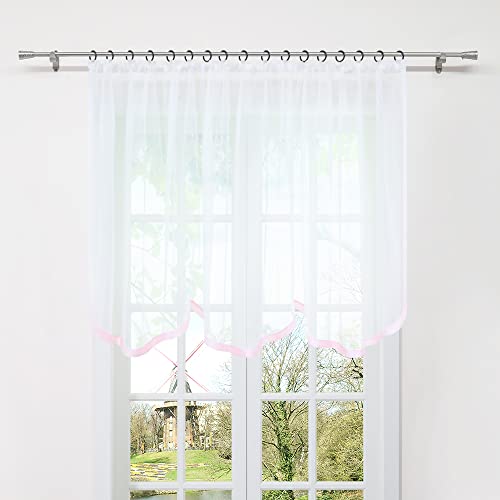 HongYa Gardine Store mit Kräuselband Transparenter Voile Bogenstore Blumenfenster Küche Vorhang mit Satinband H/B 170/400 cm Rosa von HongYa