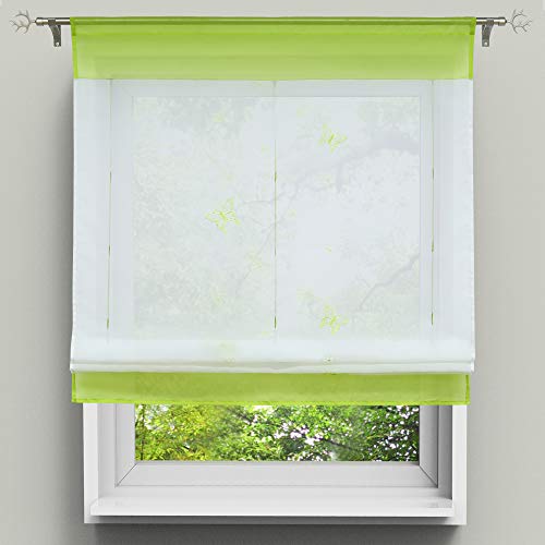 HongYa Raffrollo Voile Bändchenrollo Transparente Küche Gardine mit Schmetterlinge Stickerei Tunnelzug H/B 120/60 cm Grün von HongYa
