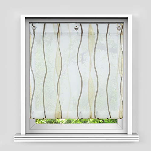 HongYa Raffrollo mit Wellen Druck Transparenter Voile Raffgardine Vorhang mit HakenösenH/B 140/120 cm Creme Braun von HongYa
