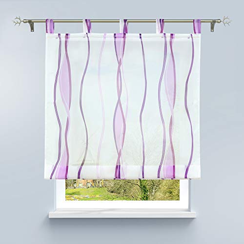 HongYa Raffrollo mit Wellen Druck Transparenter Voile Raffgardine Vorhang mit Schlaufen H/B 140/60 cm Weiß Beere von HongYa