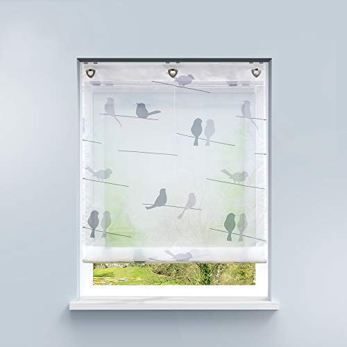 HongYa Raffrollo ohne Bohren Voile Ösenrollo Transparente Raffgardine mit Hakenaufhängung Küche Vorhang Kleinfenster H/B 140/100 cm Vogel Muster von HongYa