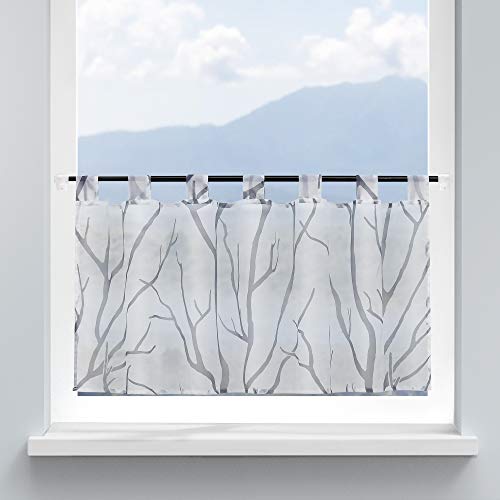 HongYa Scheibengardine Küche Voile Bistrogardine mit Schlaufen Transparente Gardine für Kleinfenster Äste Muster H/B 60/120 cm Weiß Grau von HongYa