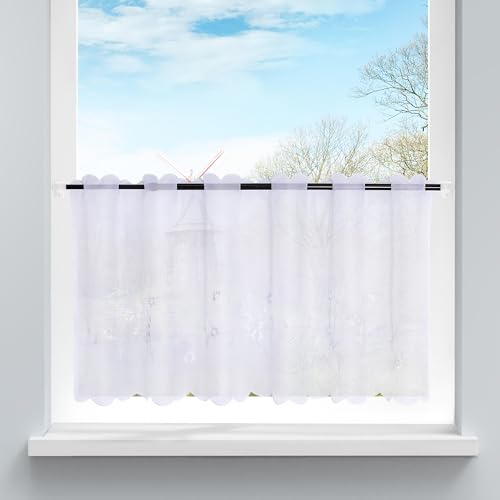 HongYa Voile Scheibengardine Transparenter Cafe Vorhang Kurzstore mit Blüten-Stickerei H/B 45/120 cm Weiß von HongYa
