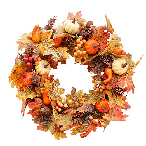 HooAMI Künstlicher Herbstkranz, 20 Zoll Haustürkranz, Weihnachtskranz mit Kürbis-Ahornblättern und roter Beere Ideal für Herbst & Halloween & Erntedankfest, Indoor Outdoor Dekor von HooAMI