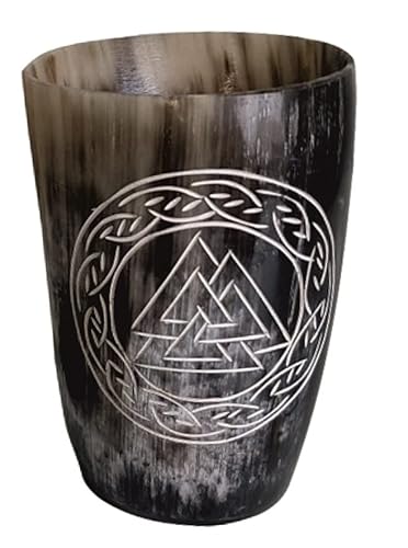 Hornerey,Büffelhorn, Valknut - Gravierter Wikinger Trinkhornbecher - Trinkhorn für Met, 200 milliliters , 1 Stück (1er Pack) von Hornerey