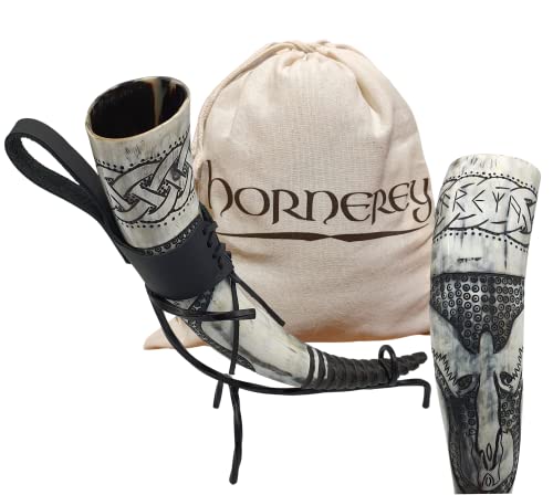 Hornerey Trinkhorn "Freya's Horn", 500 ml Wikinger Trinkhorn Set mit Ständer und Gürtelhalter, Methorn, LARP, Horn, 1 Stück (1er Pack) von Hornerey