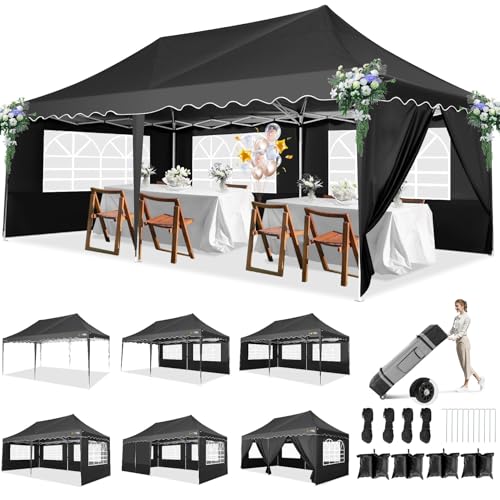 HOTEEL Pavillon 3x6 Faltpavillon 3x6 Wasserdicht Stabil, Partyzelt Faltbar Anti-UV 50+ Pop Up Gartenpavillon mit 6 Seitenwänden, 4 Sandsäcke, Tasche mit Rollen, für Hochzeiten Partys Markt, Schwarz von Hoteel