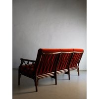 1960Er Rattan Sofa | 3-Sitzer Bambus Daybed Roter Velour Jahrgang von HouseOfVintFurniture